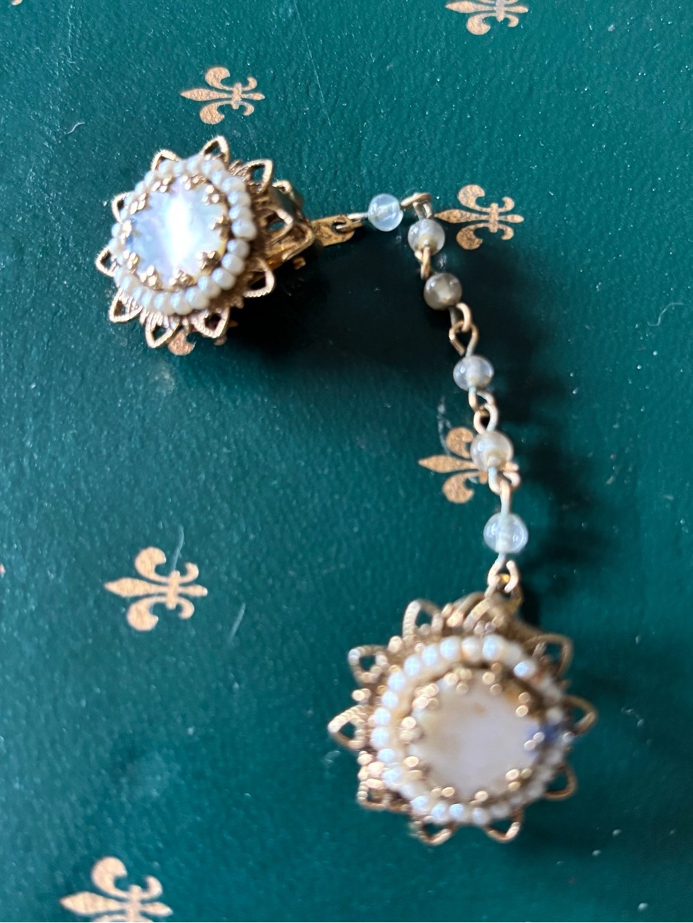 Gold Tone Floral Double Clip Sweater Guard with Pearled Chain